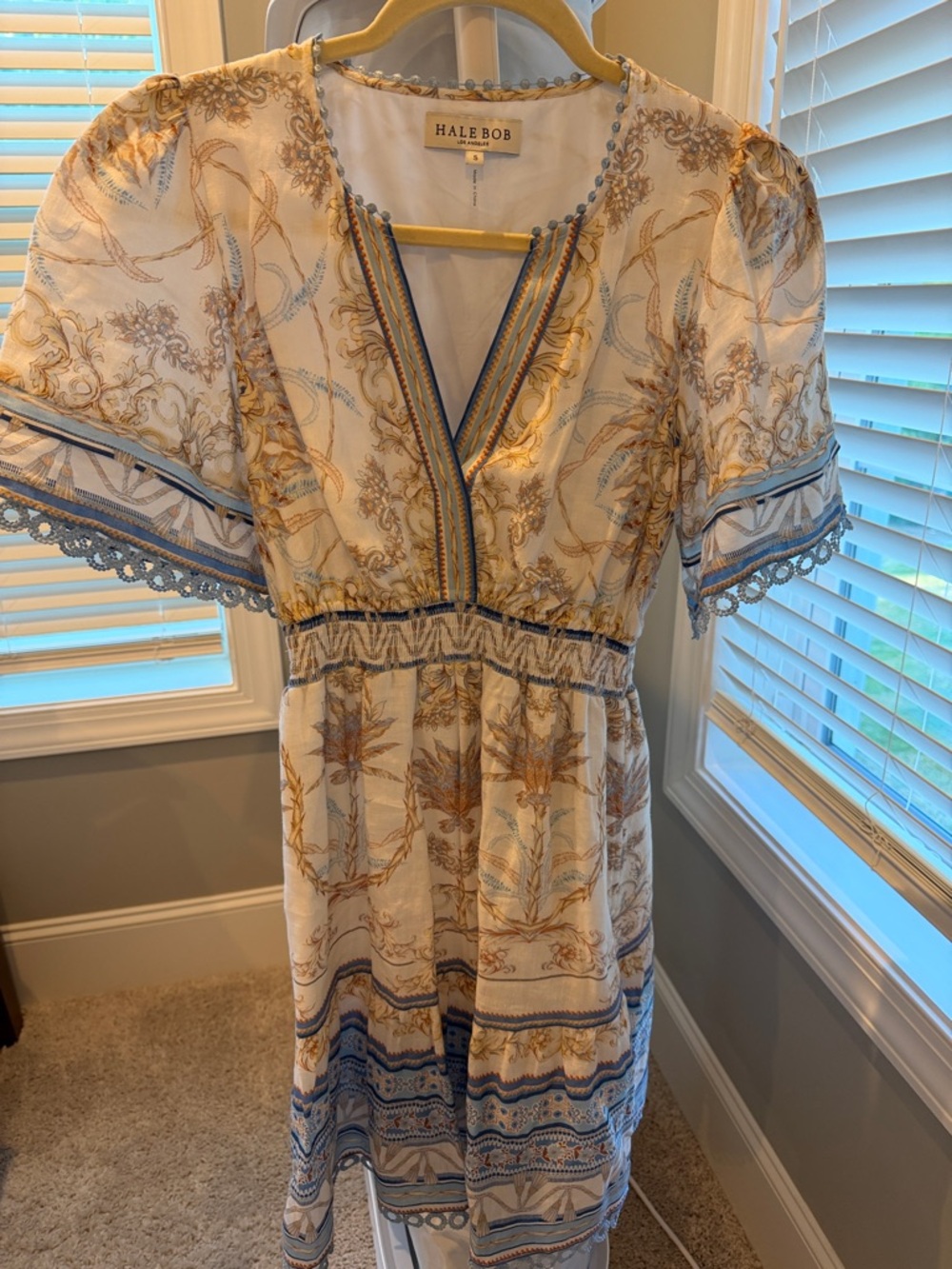 Hale Bob Cream, Blue & Gold Printed V-Neck Mini Dress